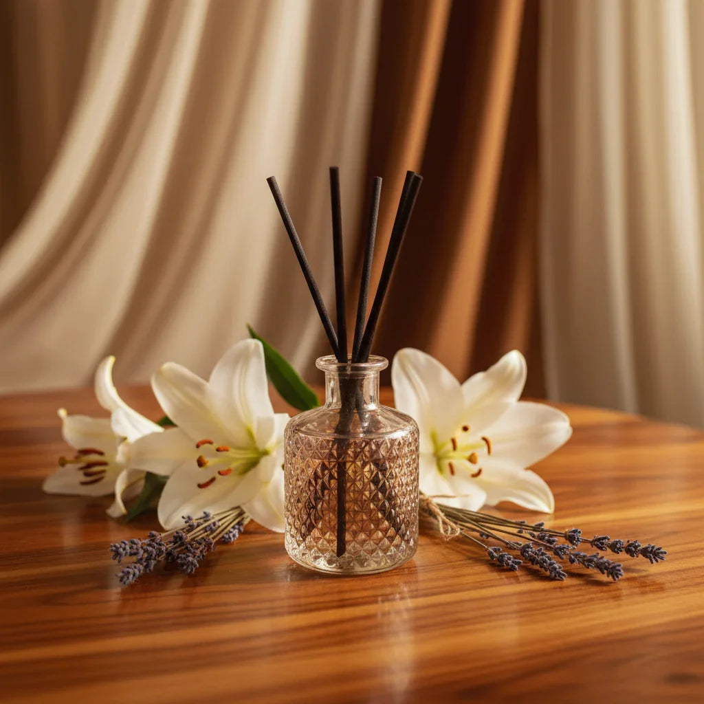 Elegant surface with amber, sandalwood, lilies, and lavender