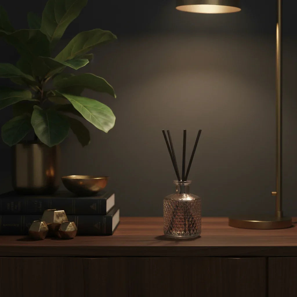 Moody charcoal walls with brass accents and dark green foliage