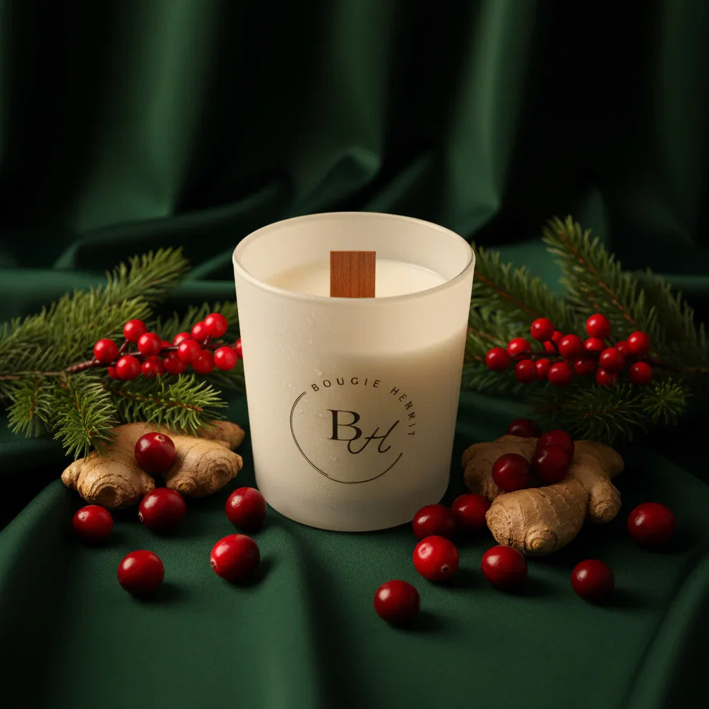 Luxury cranberry ginger scented candle for holiday celebrations