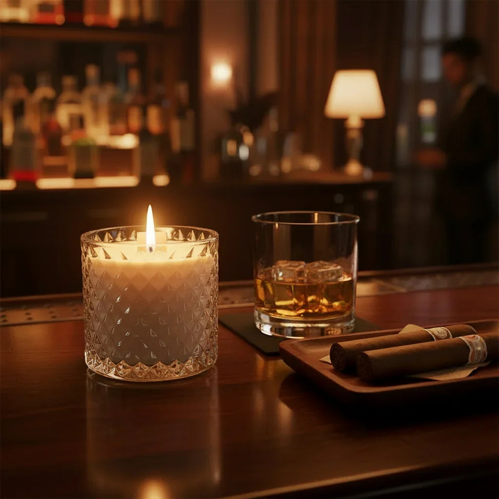 Bar scene with unlabeled burning candle, whiskey and cigars