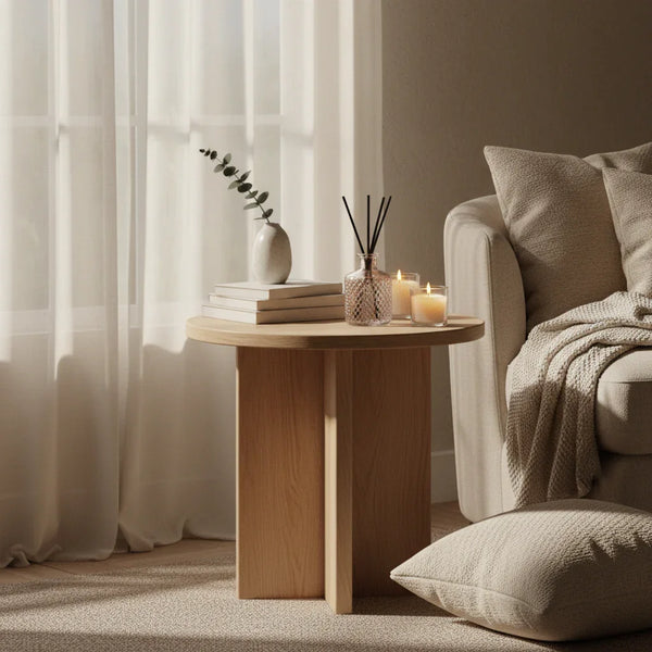 Cozy home sanctuary with warm candlelight and plush textures