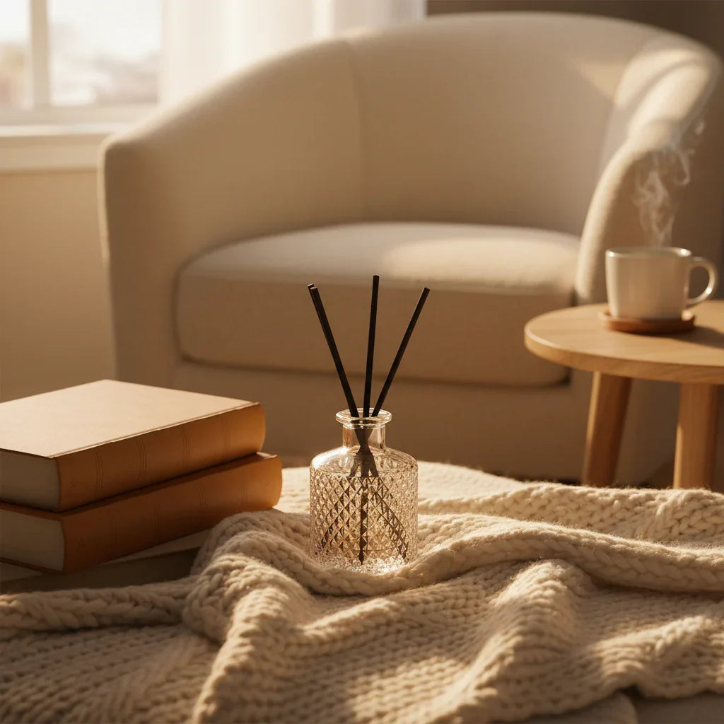 Cozy reading nook with caramel and vanilla tones