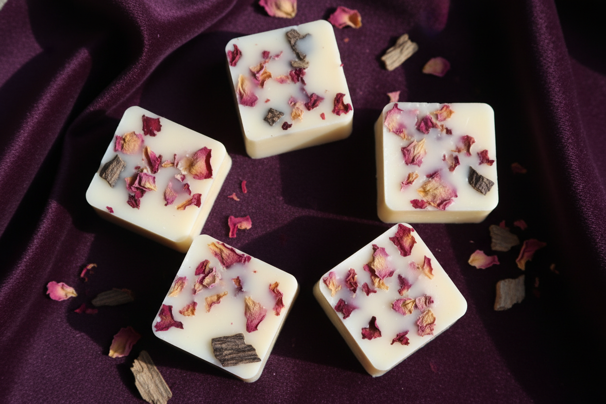 Cream wax melt cubes with rose petals and oud wood