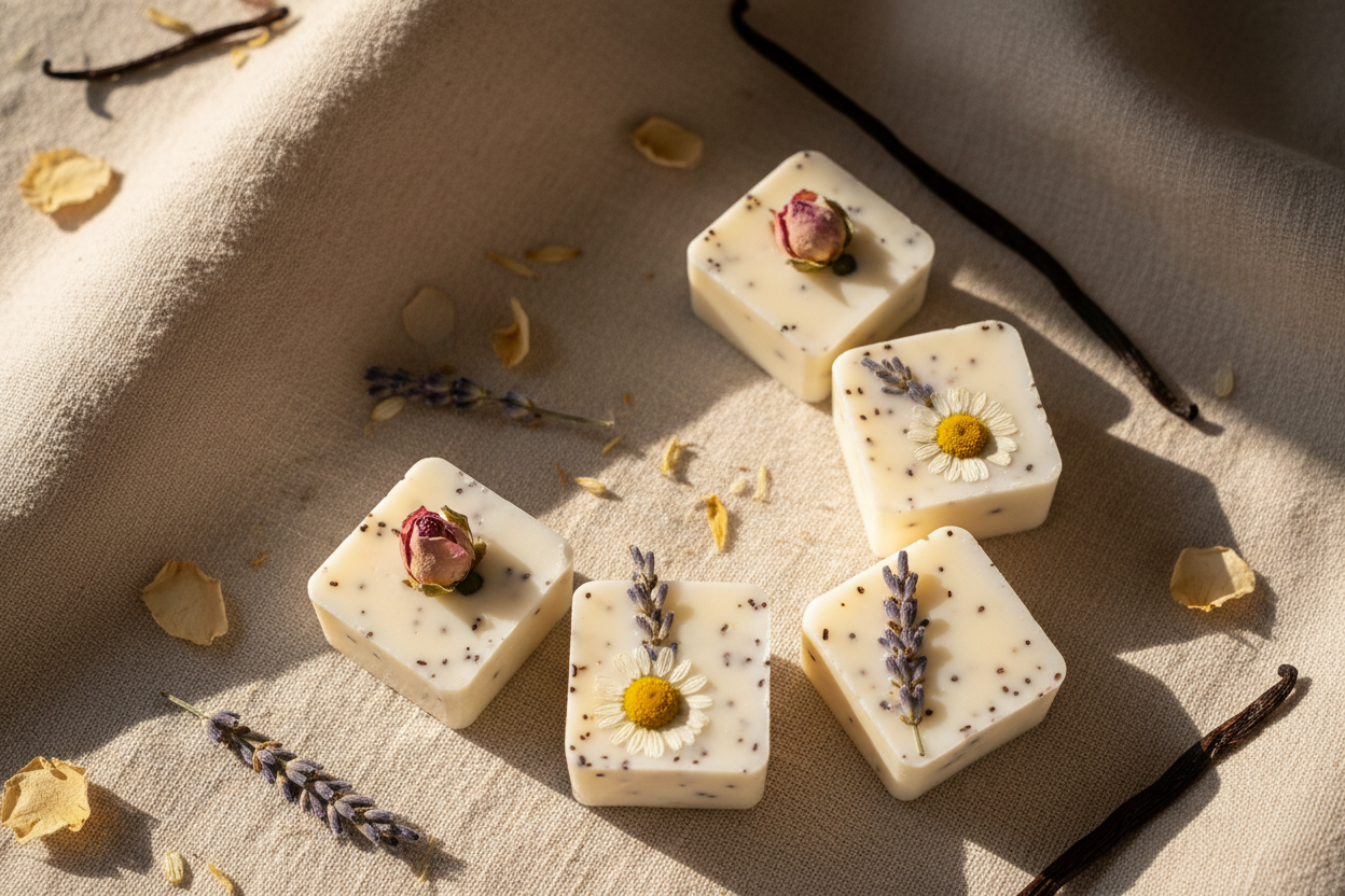 Cream wax melt cubes with vanilla and dried flowers
