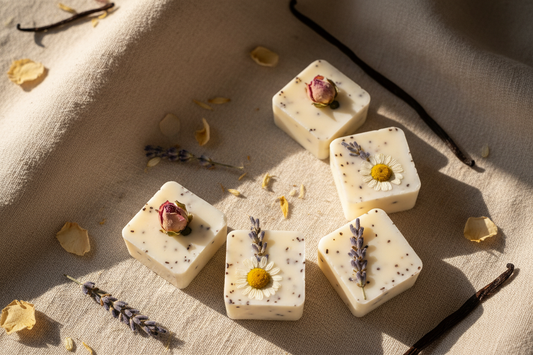 Cream wax melt cubes with vanilla and dried flowers
