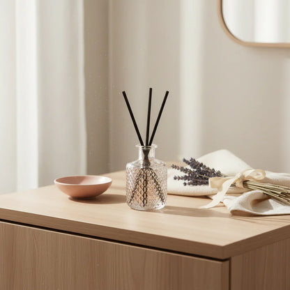 Light wood vanity with soft pastel accents