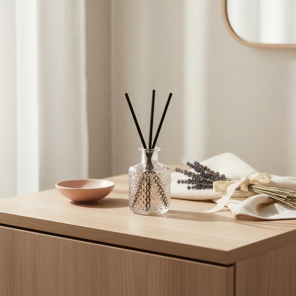 Light wood vanity with soft pastel accents