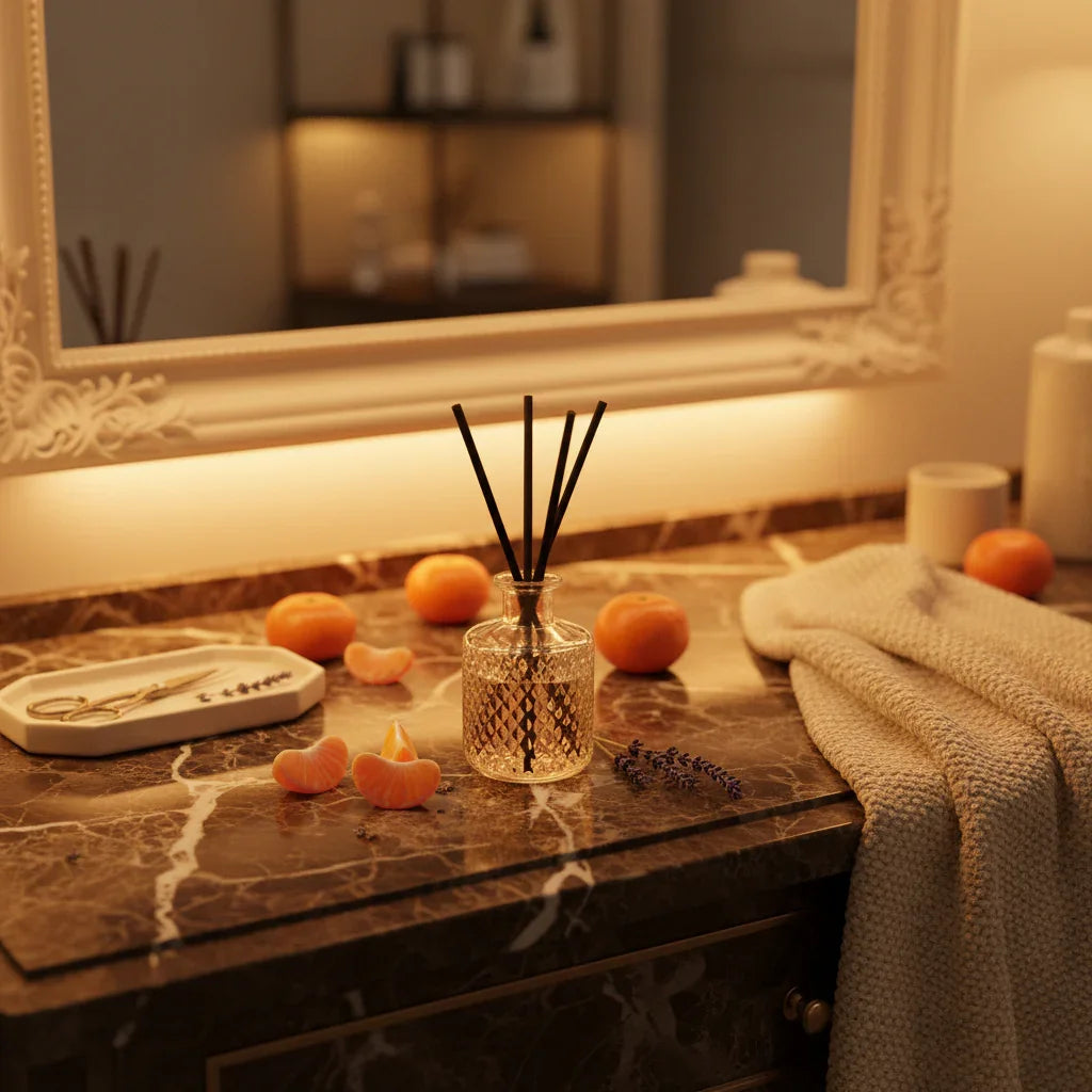 Luxurious vanity with amber lighting, chocolate browns, and lavender