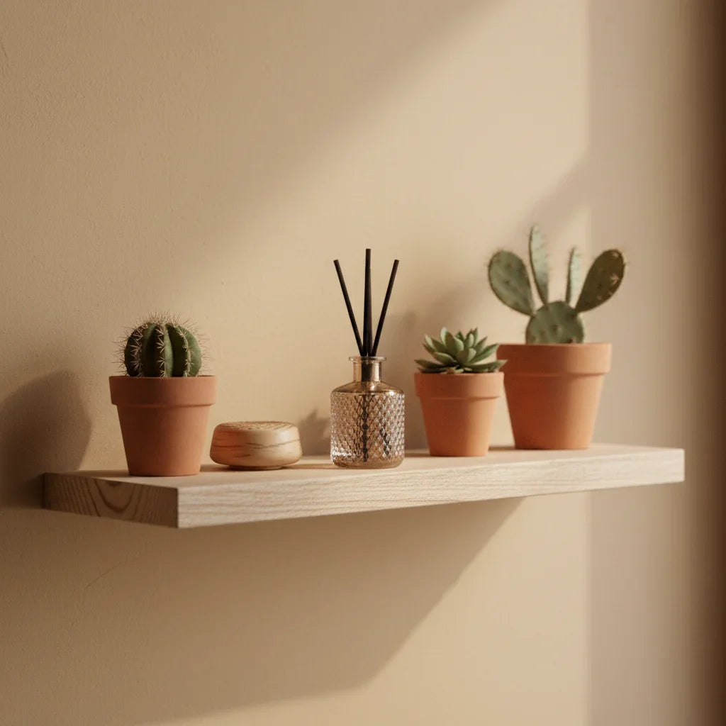Minimalist shelf with cacti and succulents