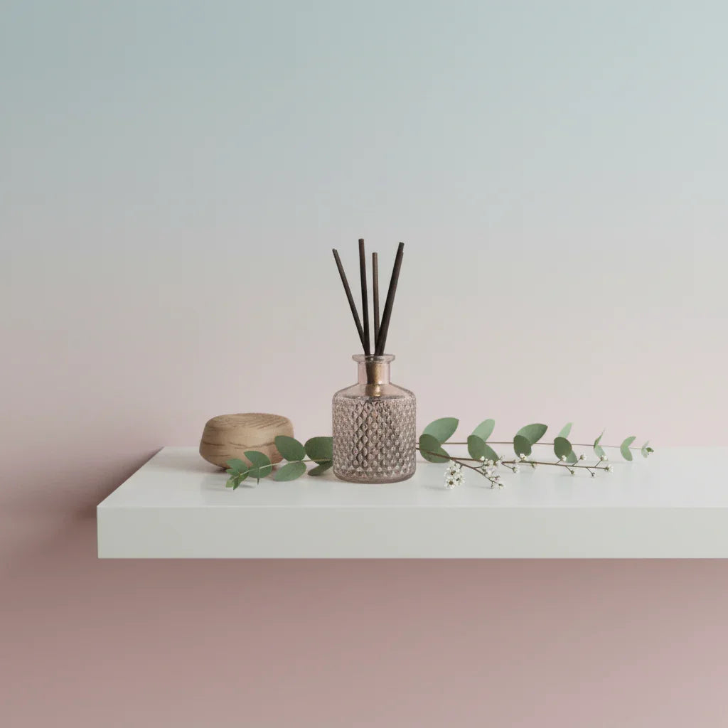 Minimalist white shelf with dawn gradient