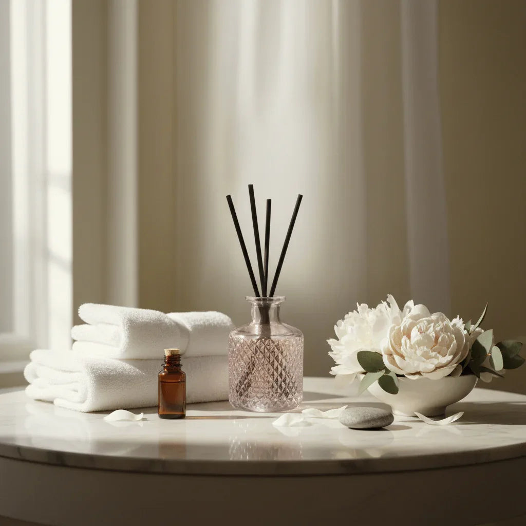 Peaceful home vanity with spa styling and white flowers