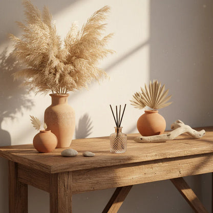Rustic console with pampas grass and desert decor