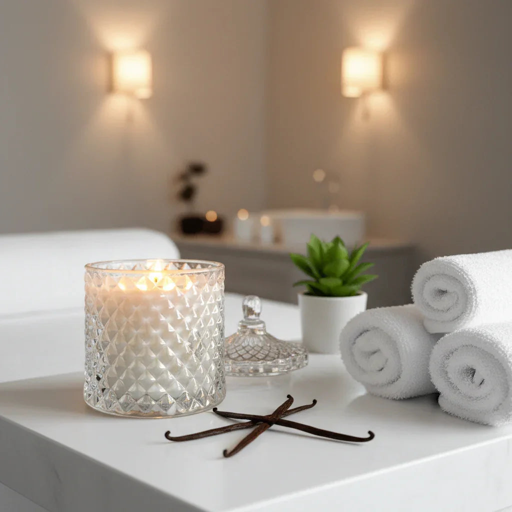 Spa treatment table with white surfaces