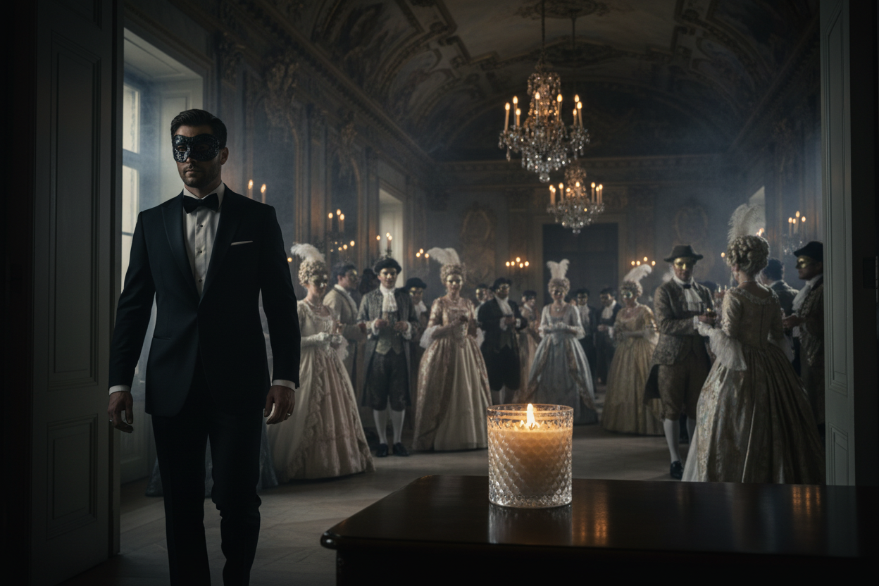 The Arrival — man stepping into masquerade gathering