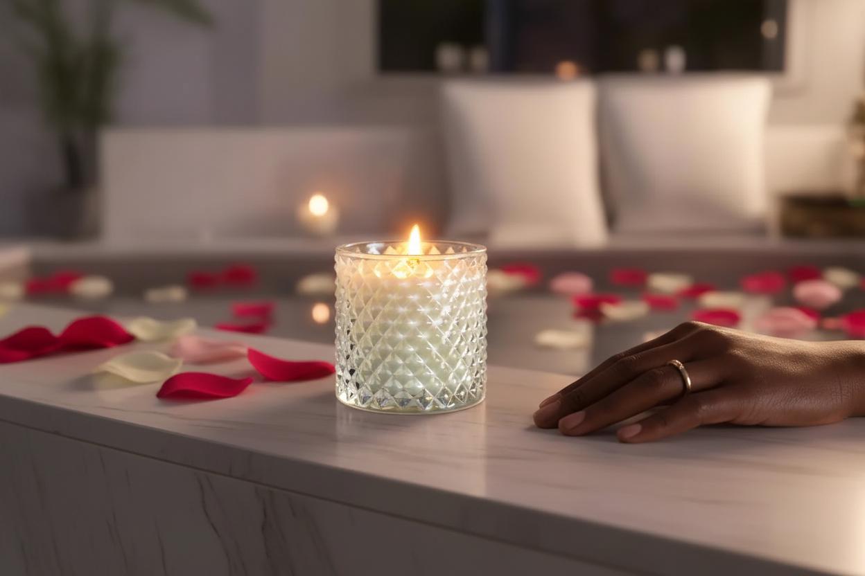 The Bath — candle on bath edge, brown-skinned woman's hand