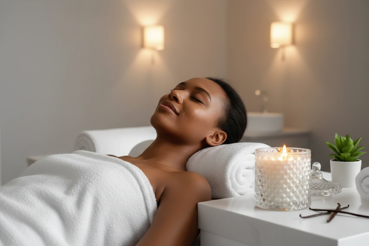 The Exhale — brown-skinned person in white towel, eyes closed, candle beside them