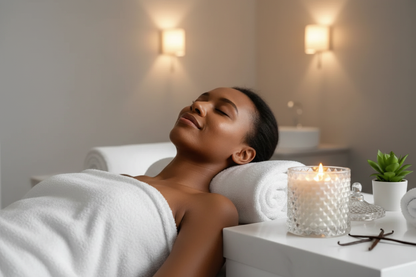The Exhale — brown-skinned person in white towel, eyes closed, candle beside them