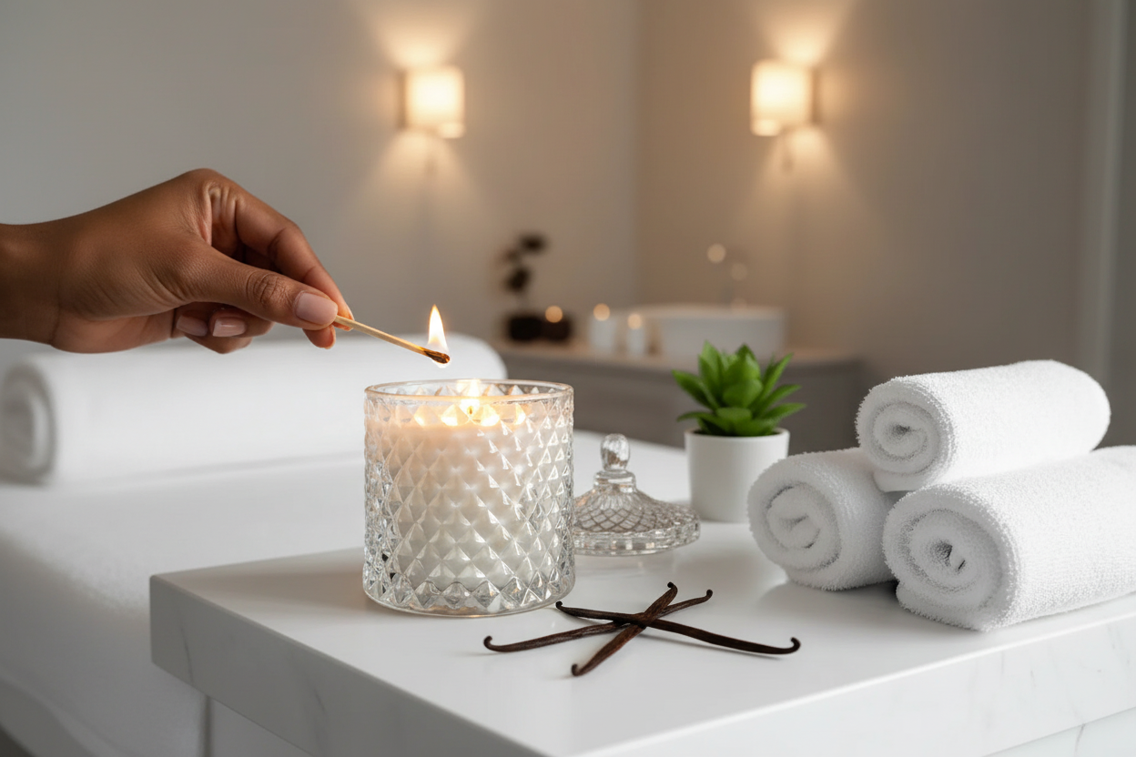 The Lighting — brown-skinned hand lighting wooden wick candle, vanilla pods beside it