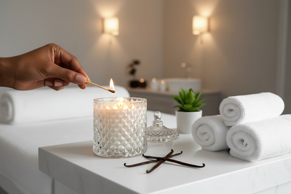 The Lighting — brown-skinned hand lighting wooden wick candle, vanilla pods beside it