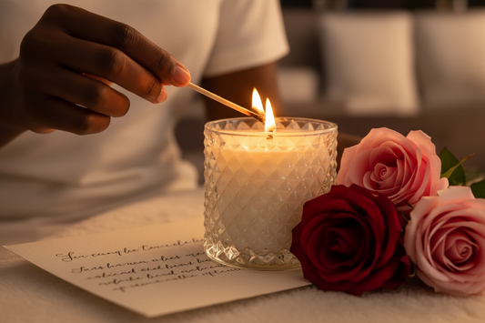 The Lighting — Brown-skinned woman's hand lighting wooden wick candle