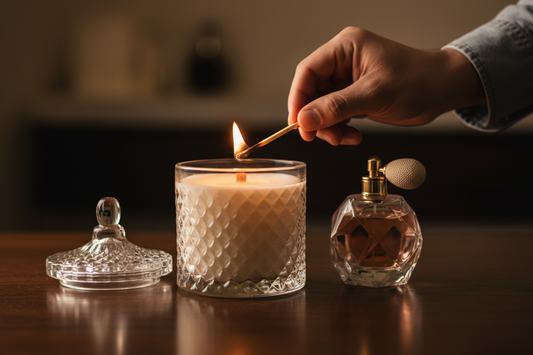 The Lighting — hand lighting candle, perfume bottle beside it