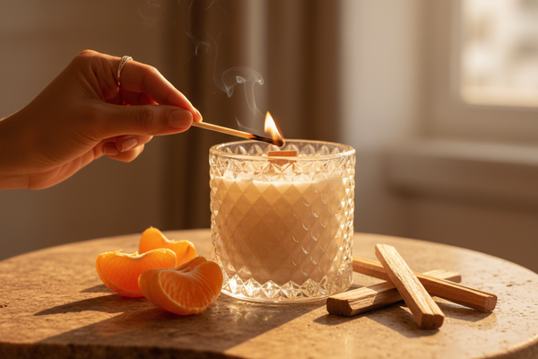 The Lighting — olive-skinned hand lighting candle, mandarin and sandalwood beside it