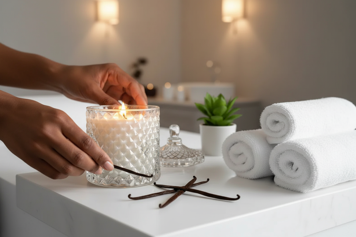 The Preparation — brown-skinned hands arranging vanilla pods, candle lit