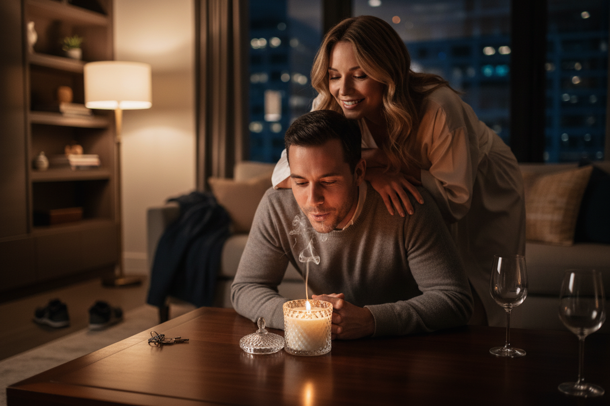 The Return — couple home, man blowing out the candle