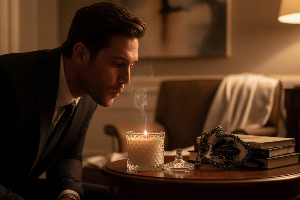 The Return — man blowing out the Musk candle, wisp of smoke rising