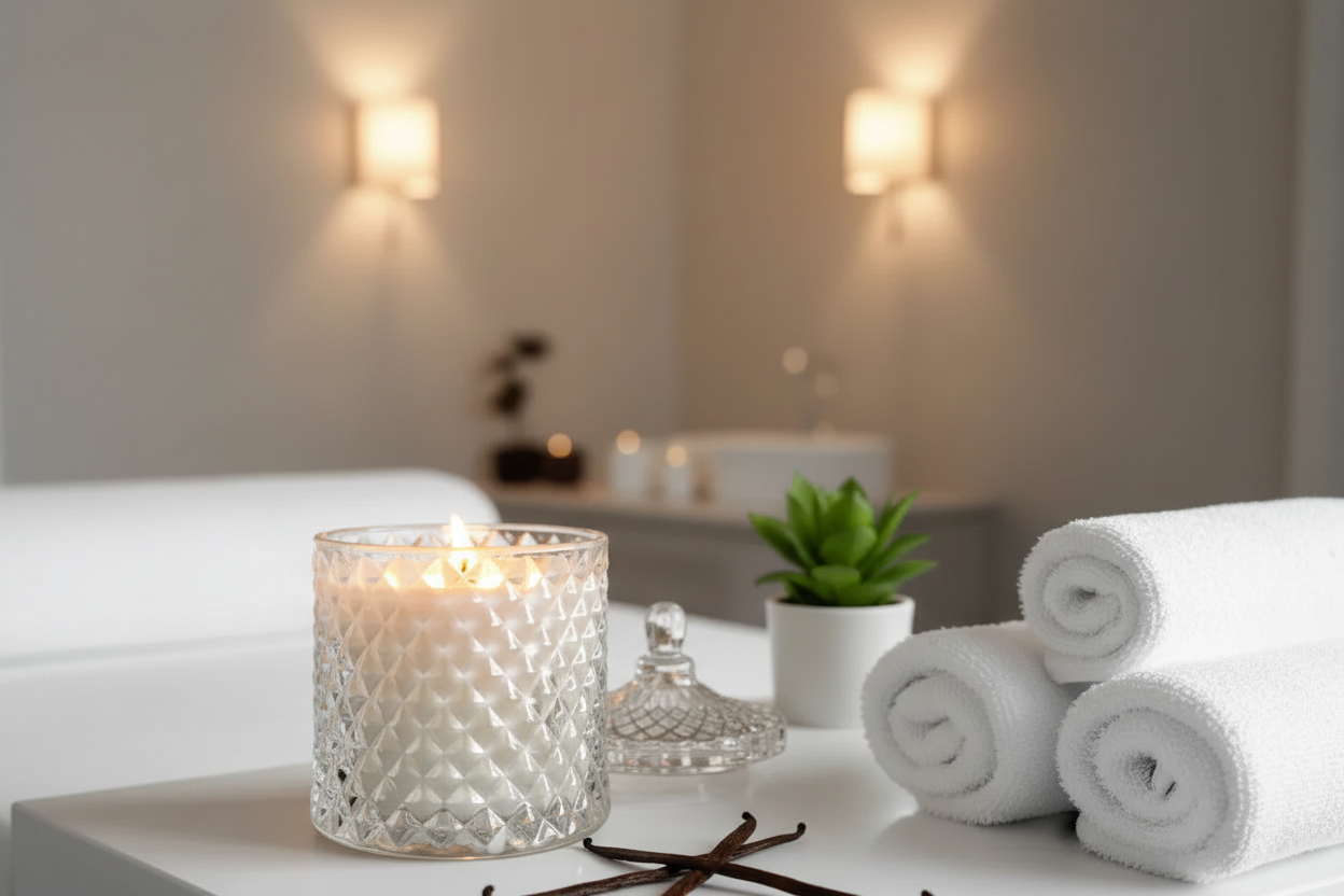 The Ritual — close up of candle with vanilla pods, towels blurred behind