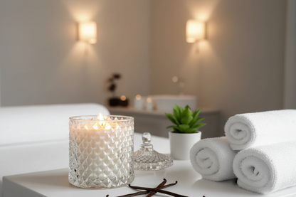 The Ritual — close up of candle with vanilla pods, towels blurred behind
