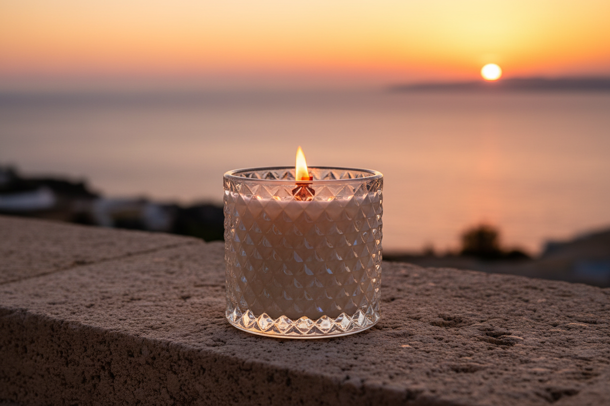 The Sunset — candle hero on terrace ledge, Mediterranean sunset