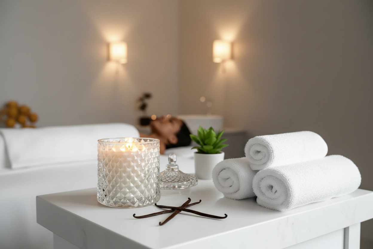 The Treatment — brown-skinned woman on spa table, candle glowing nearby