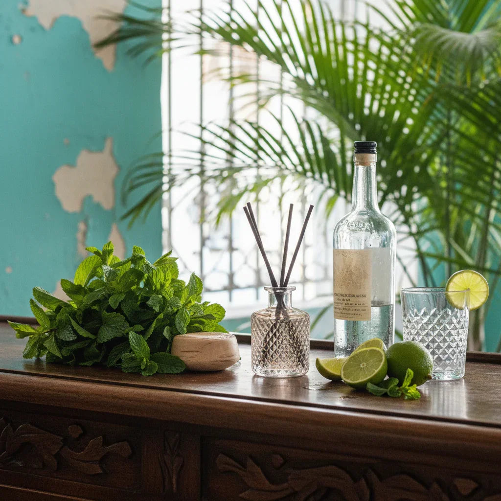 Vintage Cuban bar with mojito ingredients and turquoise accents