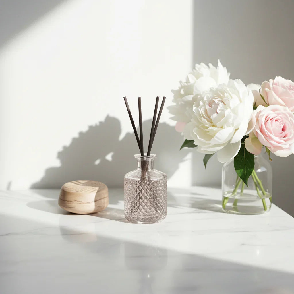 White marble with morning light and fresh flowers