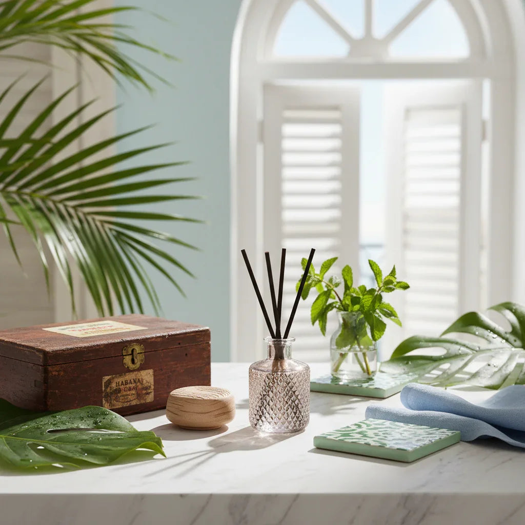 White surface with Cuban colonial styling and cool mint tones