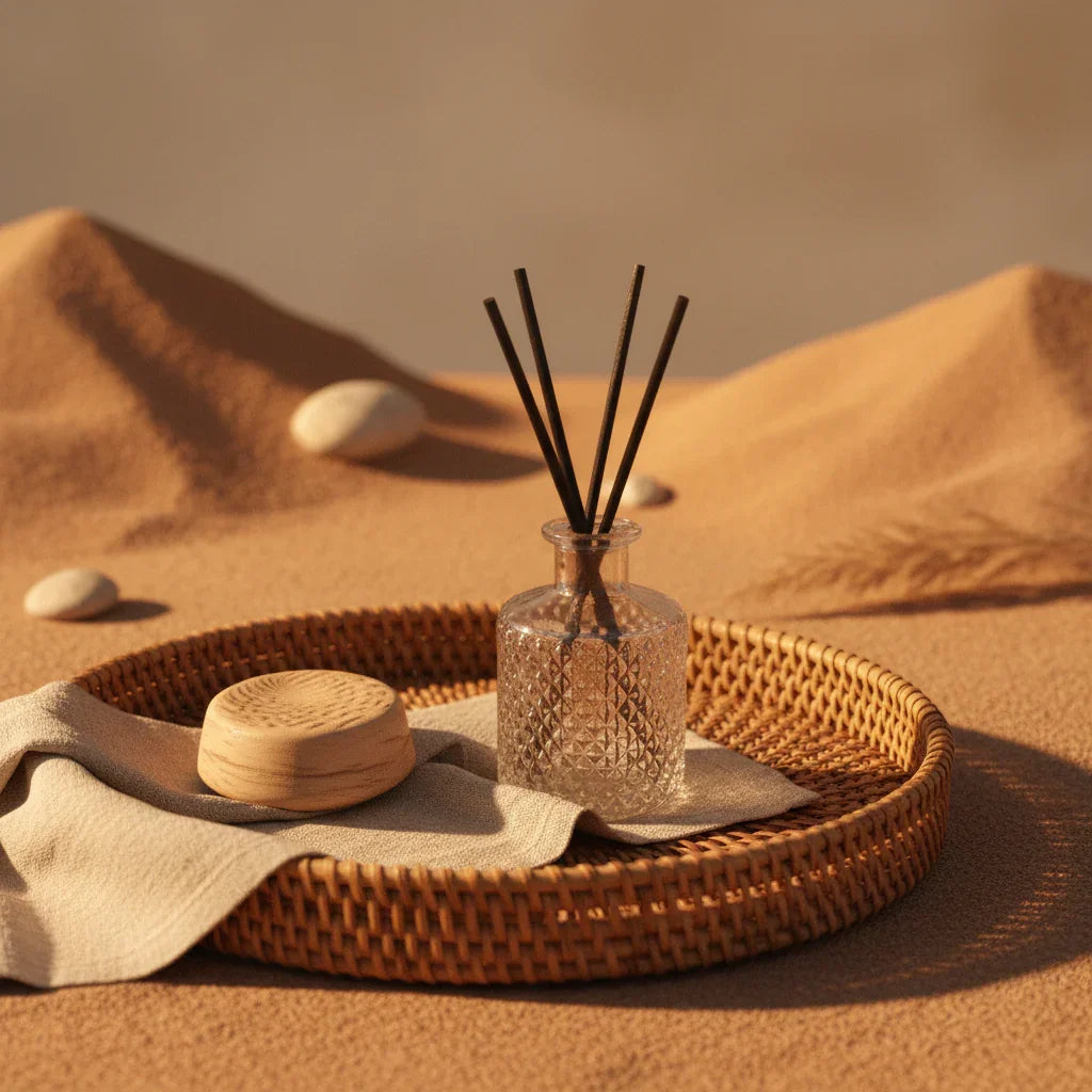 Woven rattan tray with natural linen